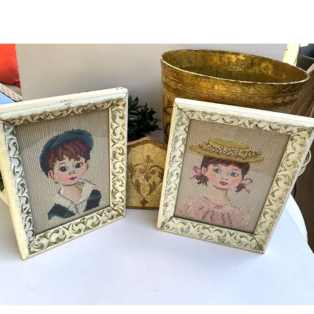 Pair of Vintage framed Needlepoint portraits boy & girl Cottagecore Grandmachic